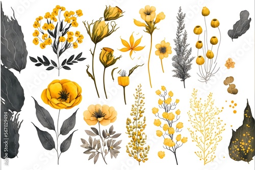 set of yellow garden flowers, Beautiful floral elements, generative ai