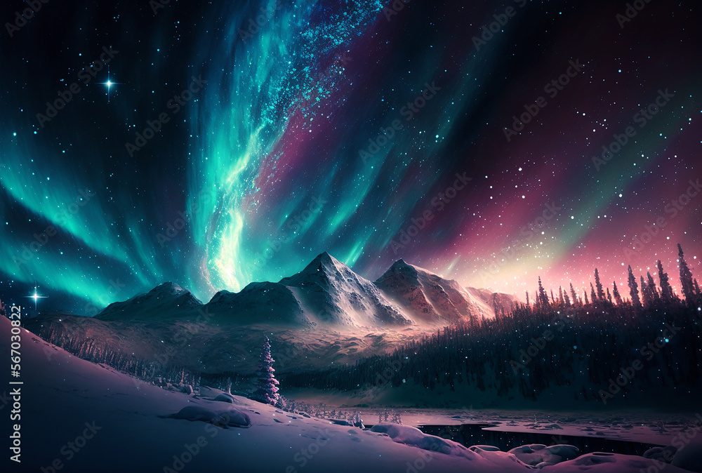 Northern landscape, aurora borealis, snow covered mountains  and milky way stars at sky. Generative AI.