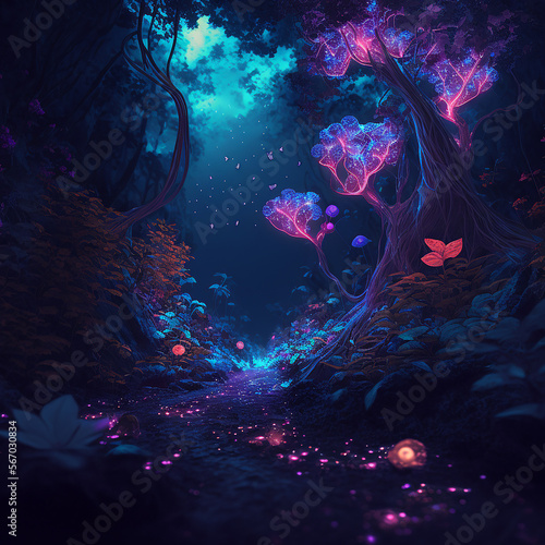 Illustration of abstract fantasy landscape with crystals and glowing path in forest. Generative AI photo