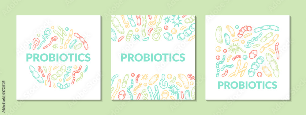 Set of probiotics hand drawn packaging designs. Scientific vector illustration in sketch styleн на 3 квадрата