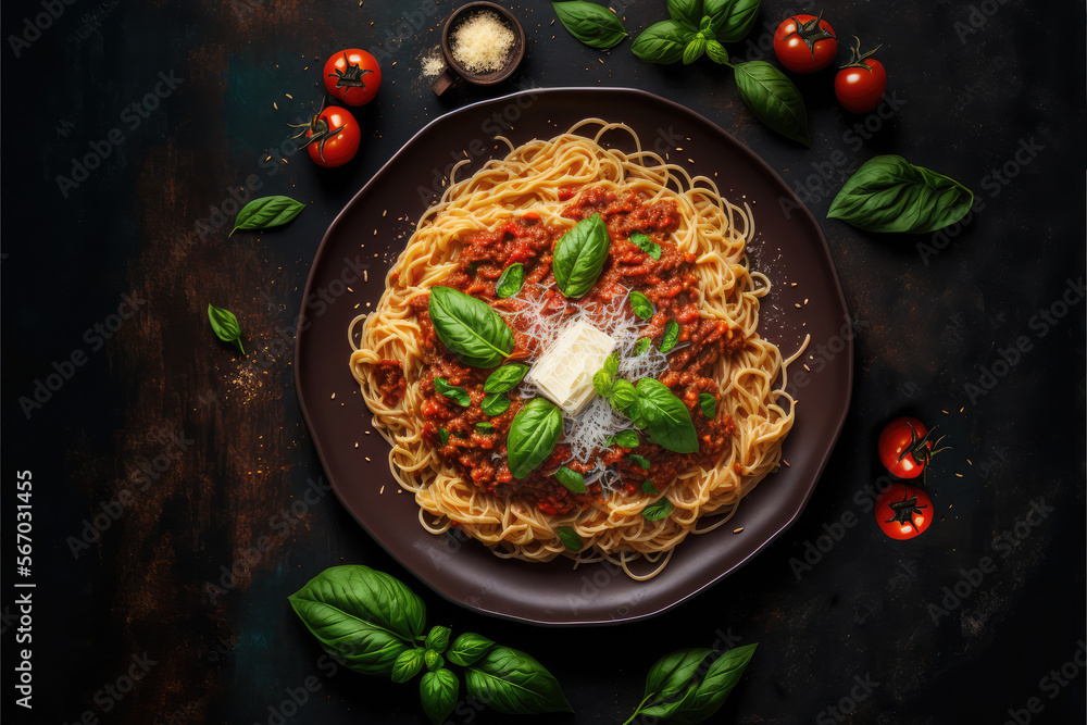 Delicious delicious classic Italian pasta spaghetti with tomato sauce, Parmesan cheese and basil on a plate on a dark table. Top view, horizontal.Generative AI