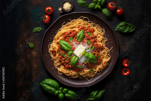Delicious delicious classic Italian pasta spaghetti with tomato sauce, Parmesan cheese and basil on a plate on a dark table. Top view, horizontal.Generative AI
