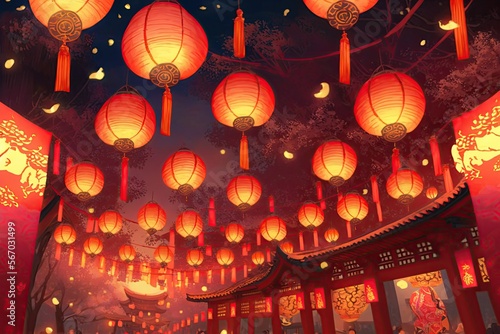 Chinese temples adorned with Chinese lanterns, illuminated with a soft glow in the night sky, to celebrate the Chinese New Year of the water Rabbit. A festive atmosphere for this special holiday.