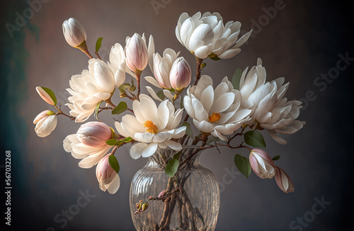 Bouquet of magnolia flowers in a glass vase. Generative AI