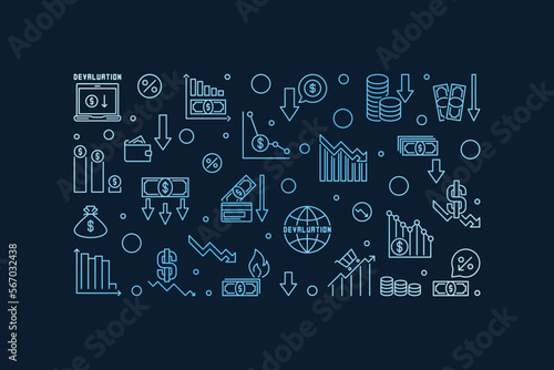 Devaluation vector blue horizontal banner - Currency Depreciation linaer illustration