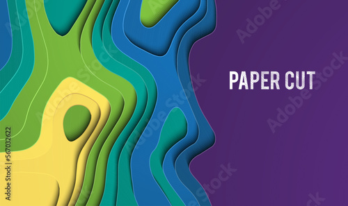 Colorful paper cutout. Paper cut banner concept. Paper carve blue gradient for card poster brochure flyer design in blue colors. 3d abstract background