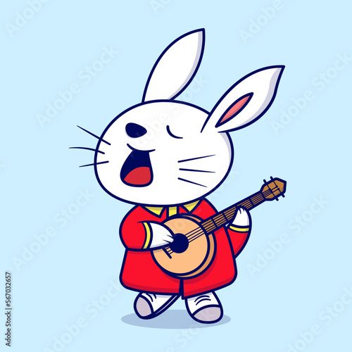 Cute rabbit playing guitar cartoon vector icon illustration