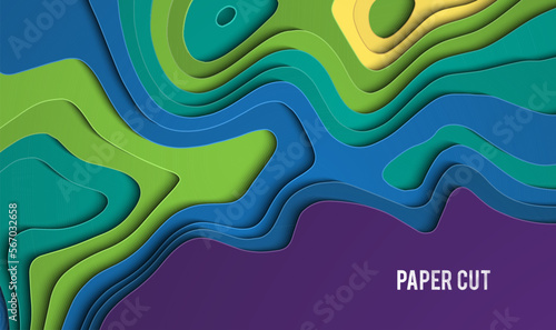 Colorful paper cutout. Paper cut banner concept. Paper carve blue gradient for card poster brochure flyer design in blue colors. 3d abstract background