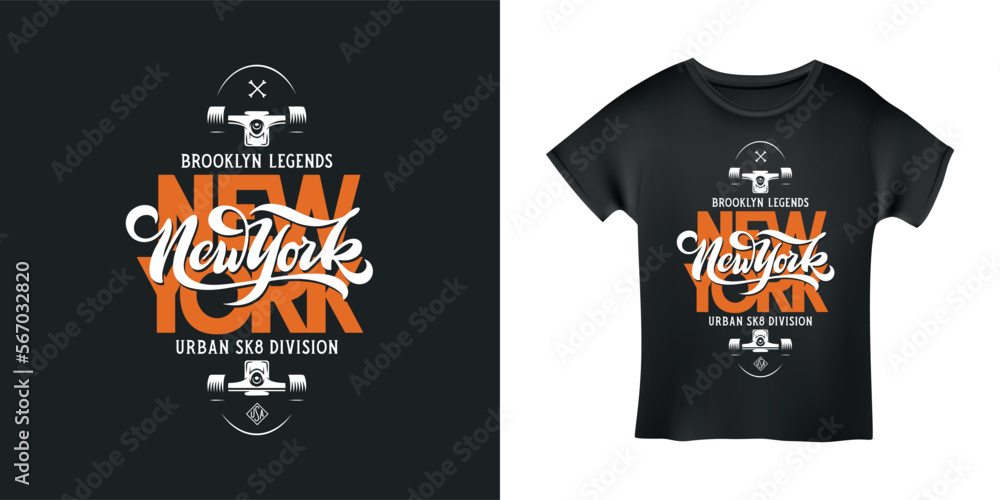 Ney York skateboard t-shirt design typography. Modern trendy apparel calligraphy print. Hand drawn New York lettering inscription. Vector vintage illustration. - obrazy, fototapety, plakaty 