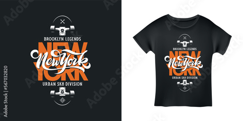 Ney York skateboard t-shirt design typography. Modern trendy apparel calligraphy print. Hand drawn New York lettering inscription. Vector vintage illustration.