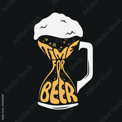 Time for beer hand drawn typography. Beer related lettering sign. Beer pub creative banner. Vector vintage illustration.