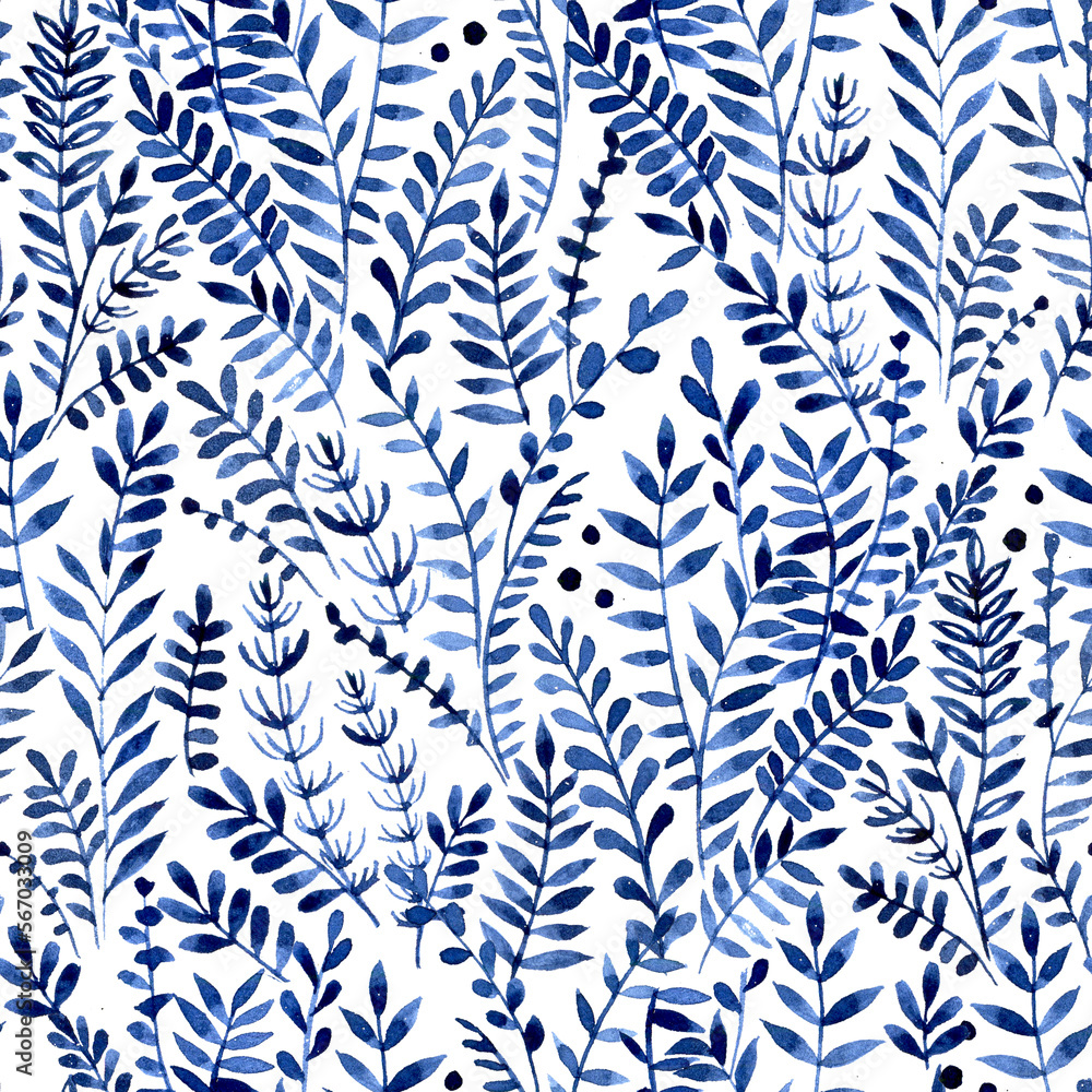 watercolor seamless pattern with blue leaves and wild herbs. airy delicate print on white background watercolor seamless pattern with blue leaves and wild herbs. airy delicate print on white background