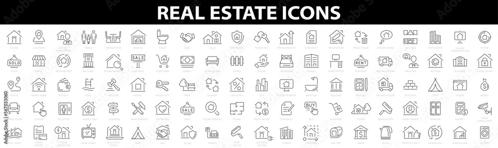 Real Estate 100 line icons. Big UI icon set. Included the icons as realty, property, mortgage, home and more. Thin outline icons pack. Vector illustration - obrazy, fototapety, plakaty 