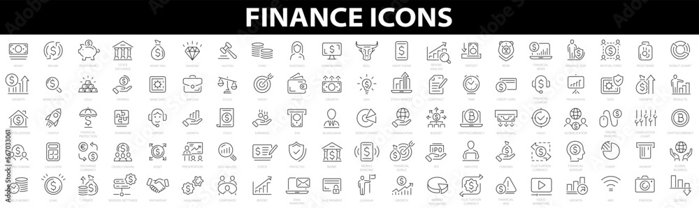 Vector business and finance 100 icon set. Money, finance, payments, bank, check, law, auction, exchance, payment, wallet, deposit, piggy, calculator, web and more. Thin outline icons pack