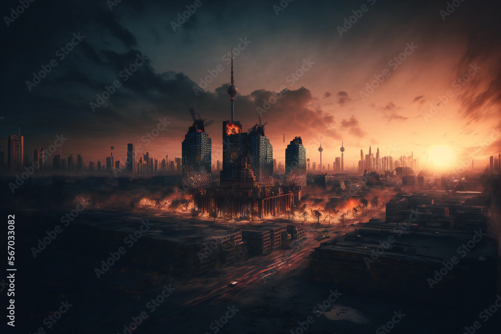Naklejka premium Abandoned Berlin City in the future. Empty roads and a dystopian atmosphere in a post-apocalyptic Germany - Generative AI 