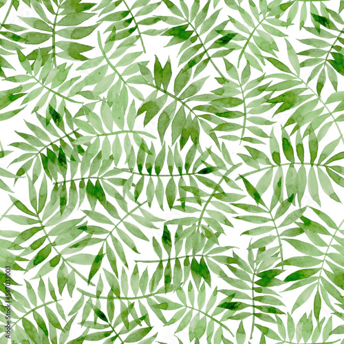 Fototapeta Naklejka Na Ścianę i Meble -  watercolor seamless pattern with tropical palm leaves. abstract print with green leaves on white background
