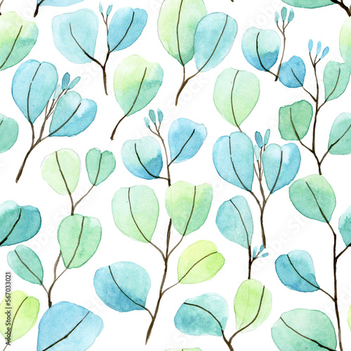 watercolor seamless pattern with colorful eucalyptus leaves. airy delicate print on white background