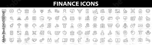 Vector business and finance 100 icon set. Money, finance, payments, bank, check, law, auction, exchance, payment, wallet, deposit, piggy, calculator, web and more. Thin outline icons pack