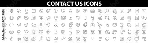 Set of 100 Contact Us web icons. Contact us and support line icons collection. Big UI icon set. Chat, support, message, phone, globe, point, chat, call, info. Vector illustration