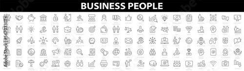 Business people 100 icon set. Management. Human resource. People and teamwork line icons collection. Office management. Big UI icon set. Outline icons collection. Vector illustration.