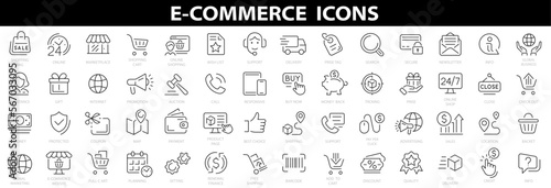 E-commerce icon set. Editable Stroke. Online shopping and delivery elements. Outline icons collection. Simple vector illustration.