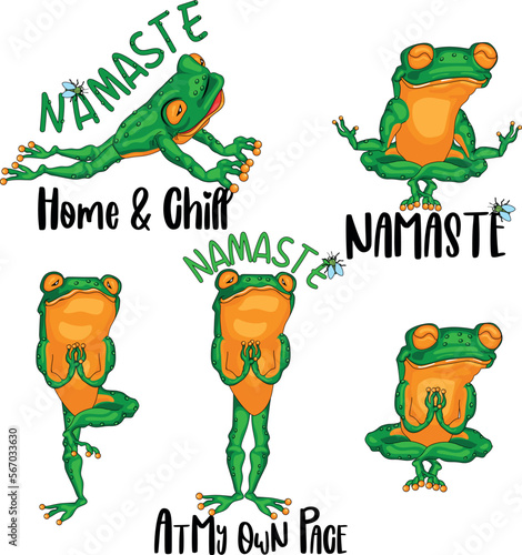 Frog yoga poses and exercises. Cute cartoon clipart set