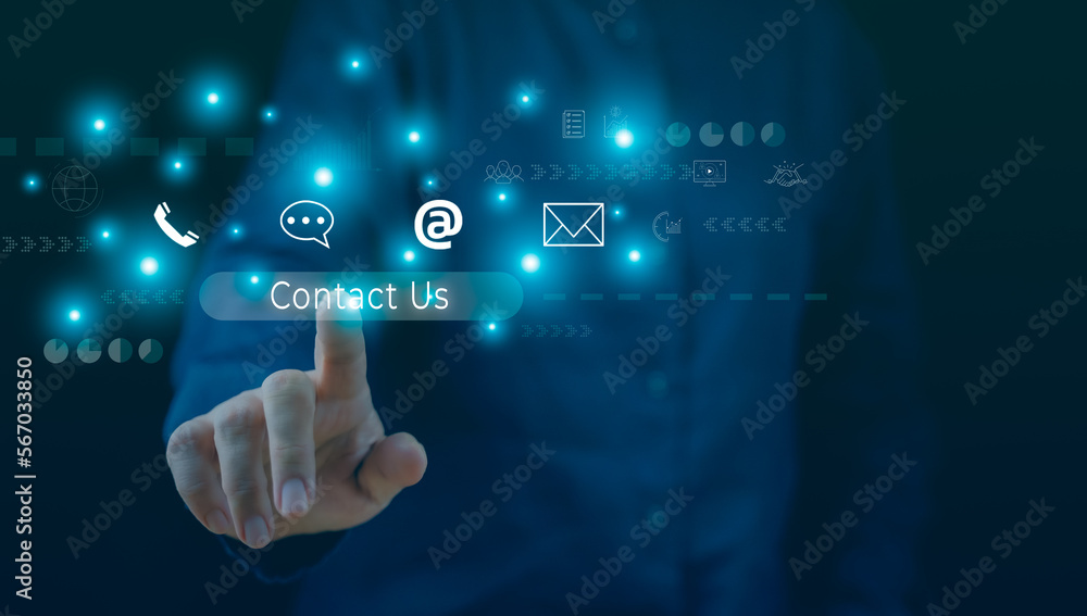 Hand touch on contact us bar icon for customer feedback, online help service by mobile phone, web, mail, internet and call symbol. Social marketing connection on cyberspace by email, website address.