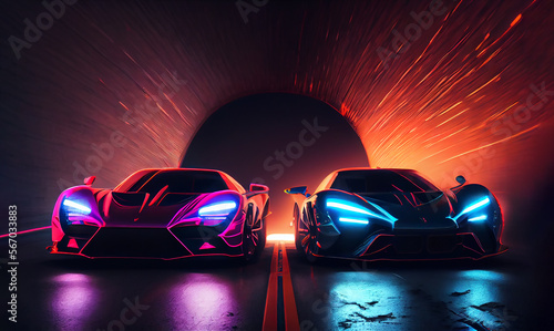 Two supercars racing in neon light tunnel. Generative AI.
