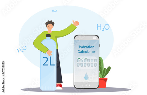 Mobile app for counting drinking water, man holding a bottle of water, water balance per day, scheduling health, healthy lifestyle concept, flat vector illustration