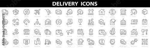 Delivery, shipping, logistics icon set. Outline icons collection. Containing order tracking, delivery home, warehouse, truck, scooter, courier and cargo icons.Shipping icon collection. Vector
