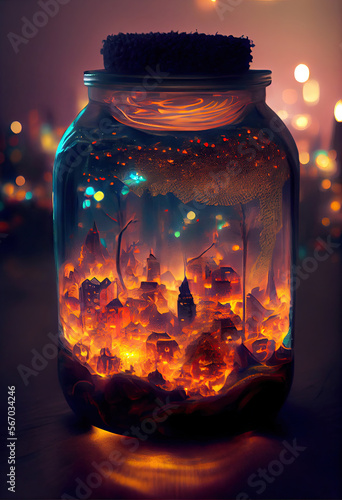 a city within a glass jar, glowing with fae fire and fel light