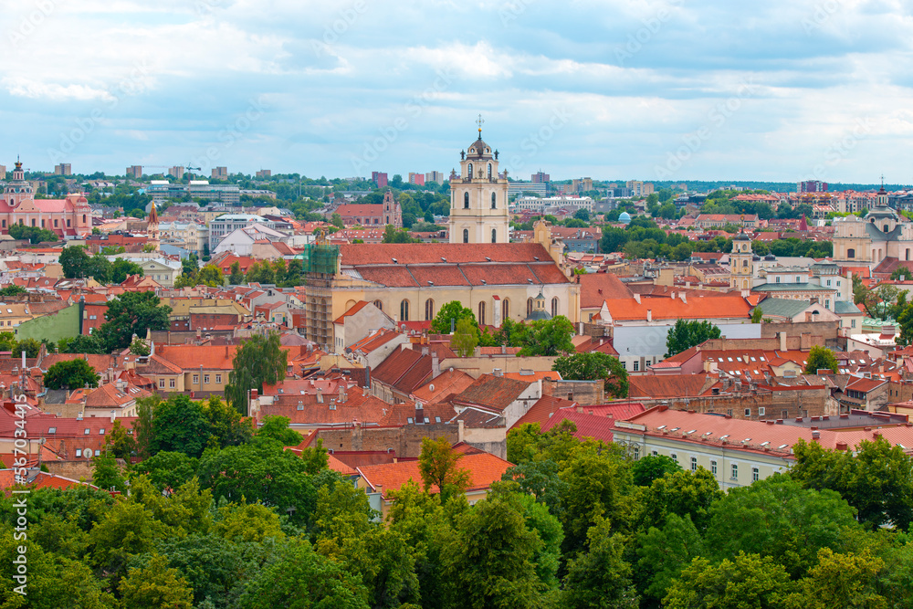 Panoramic old of old historic part of Vilnius with red roofs and traditions architecture in Lithuania