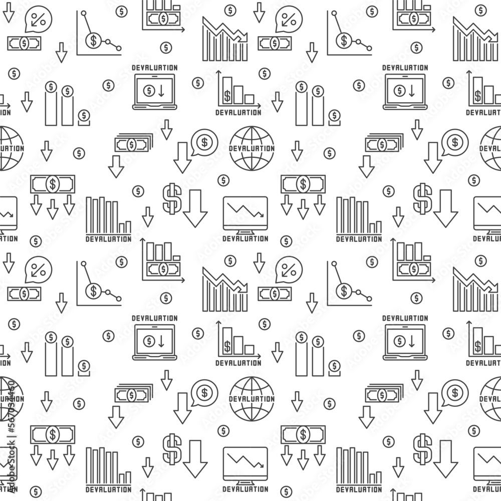 Devaluation vector outline seamless pattern. Currency Depreciation background