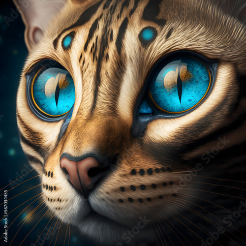 Close-up Portrait of a Bengal Cat with Blue Eyes