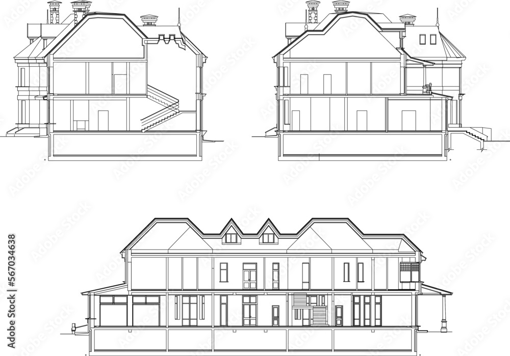 Vector illustration sketch of classic house cutout design for engineering