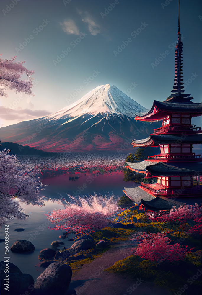 Cherry blossom trees and lake under Mount Fuji, clear cloudy sky at dusk, super realistic and highly detailed Japanese pagoda