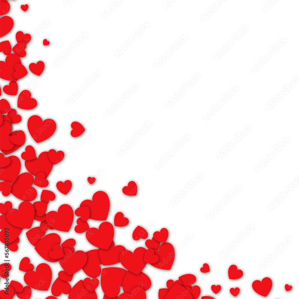 Love valentine background with red petals of hearts on white background. Vector banner, postcard, background.The 14th of February. Vector EPS 10