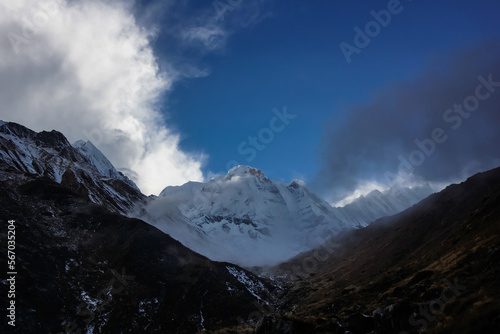 Annapurna South visible from Machhapuchhre Base Camp. Mountain landscape in Himalaya, Nepal. © Anna
