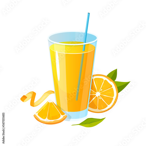 Natural orange juice in a glass with cut fruit isolated on white background