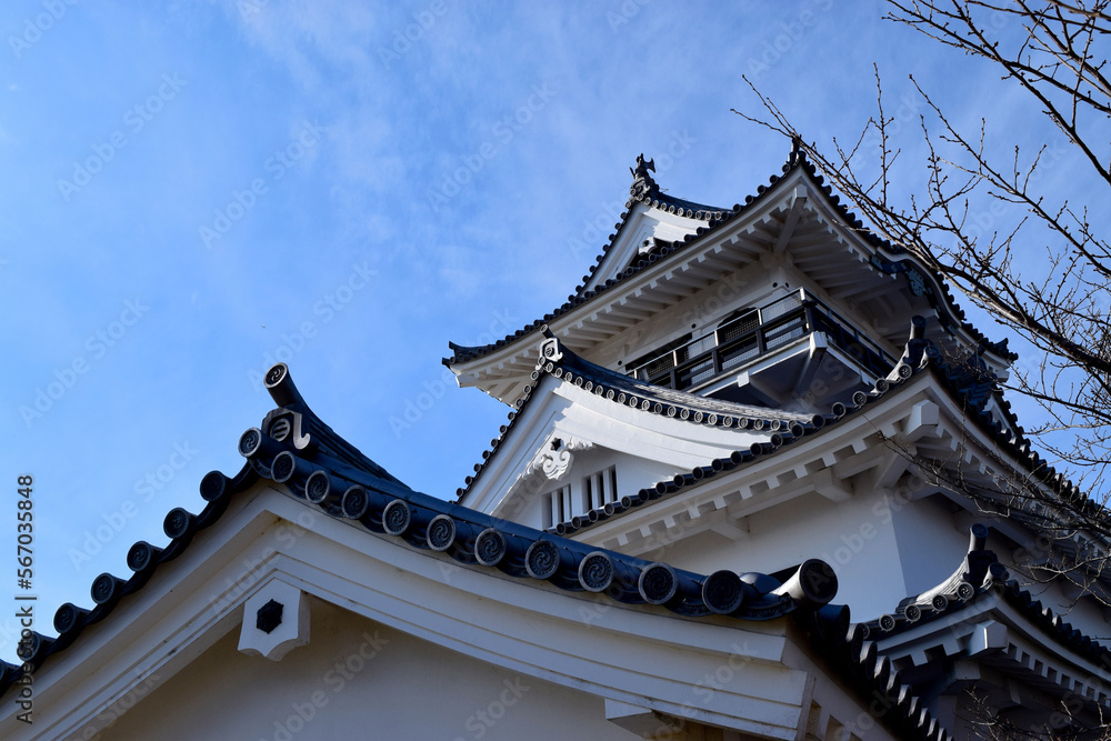 白く美しい城山城のアップと青空