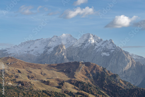 A view of the Marmolada glacier from the Passo Sella, Dolomites mountains, Trentino-Alto-Adige, Italy