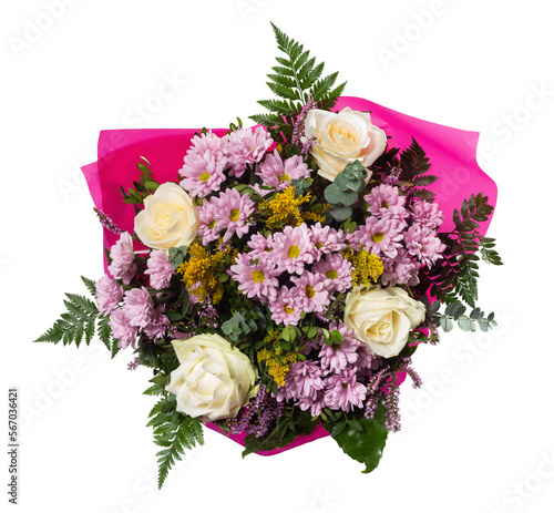 top view pink and white flower bouquet isolated on transparent