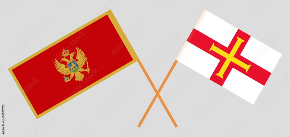 Crossed flags of Montenegro and Bailiwick of Guernsey. Official colors. Correct proportion