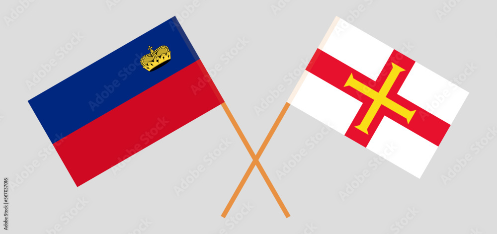 Crossed flags of Liechtenstein and Bailiwick of Guernsey. Official colors. Correct proportion Crossed flags of Liechtenstein and Bailiwick of Guernsey. Official colors. Correct proportion