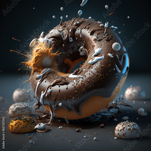 Generative AI illustration of conceptual art  3d donuts with dark and white chocolate, melted around, colored brigadeiro chocolate falling on top photo
