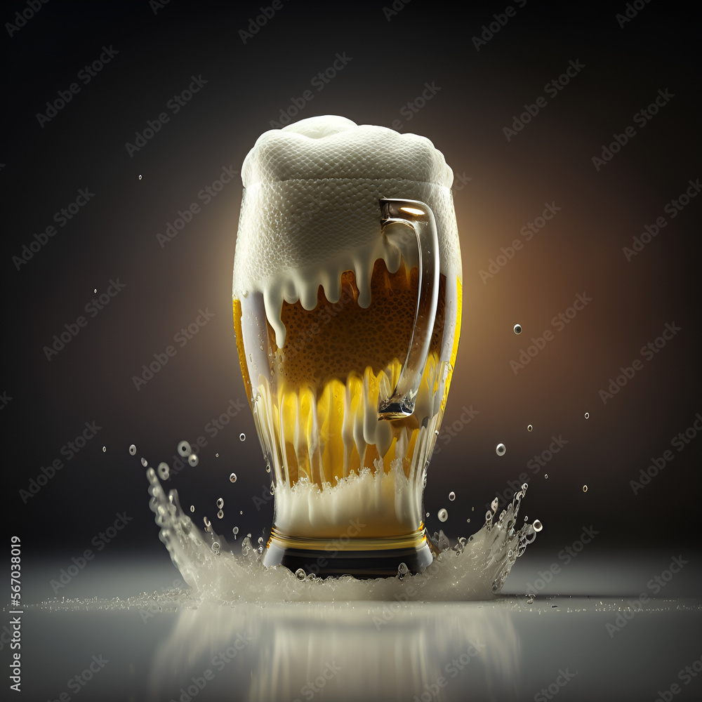  Generative AI illustration of conceptual art  3d super chilled draft beer glass with foam running down the rim and barley grains falling from above, Concept art - obrazy, fototapety, plakaty 