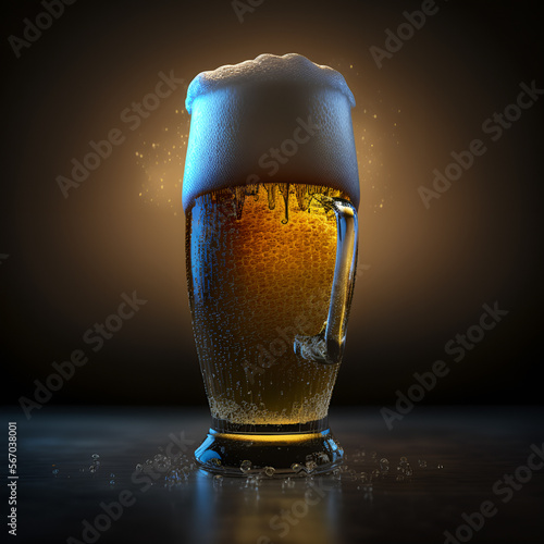  Generative AI illustration of conceptual art  3d super chilled draft beer glass with foam running down the rim and barley grains falling from above, Concept art photo