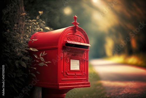 Fotografia red mailbox with nature blur background, Generative Ai