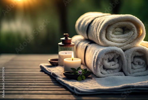 illustration of spa skin care product set decoration  towel candle  oil bottle  Generative Ai