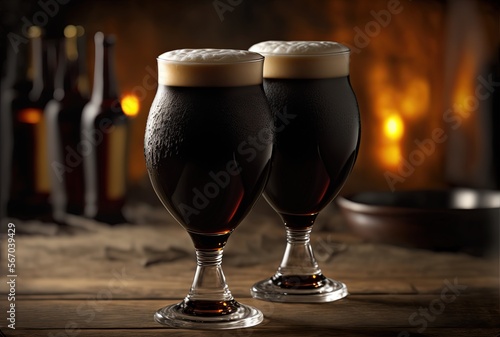 two glasses of black beer on wooden bar at club, romantic atmosphere background wallpaper, Generative Ai